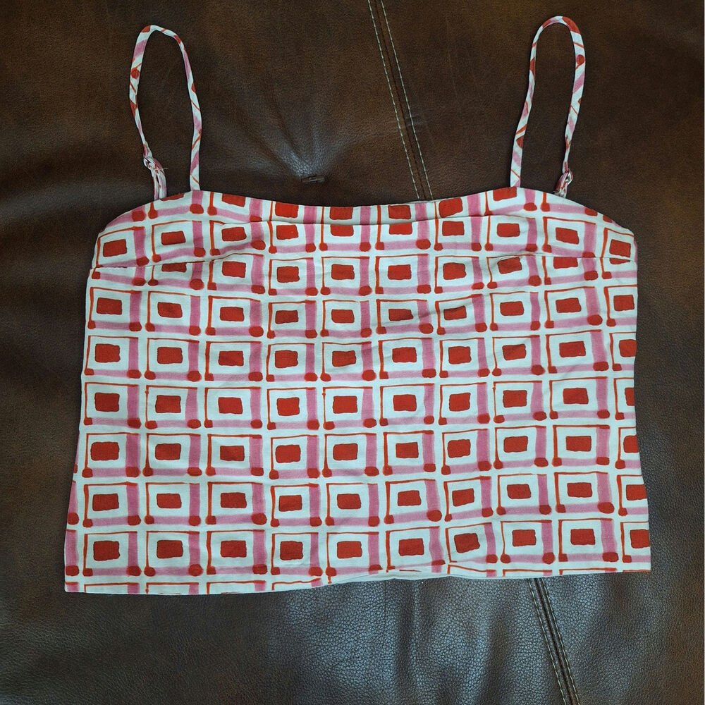 ZARA Pink Red Geometric Print Open Tie Back Crop Top Linen Blend L